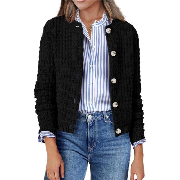 Cropped Knit Cardigan - Open Front Chunky Button Down Sweater - Picture 1 of 6